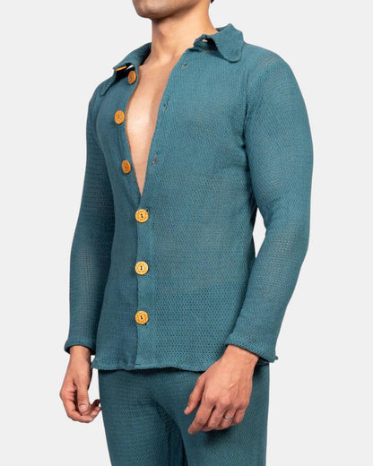 Knitted Crochet Shirt | Teal Green